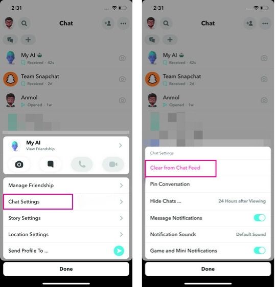 Clear from chat feed